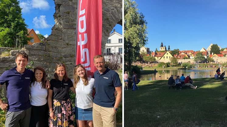 SkiStar team Almedalen, från vänster: Nils van der Poel (ambassadör), Fanny Sjödin (hållbarhetschef), Petra Hallebrant (kommunikations- och hållbarhetsdirektör), Jennie Halvarsson (koncernassistent) och Stefan Sjöstrand (vd).