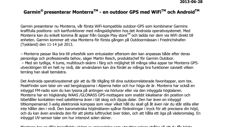 Garmin presenterar Monterra - en outdoor GPS med WiFi och Android