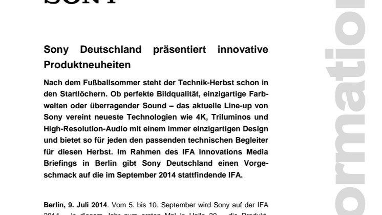 Sony Deutschland präsentiert innovative Produktneuheiten