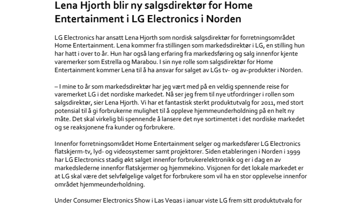 Lena Hjorth blir ny salgsdirektør for Home Entertainment i LG Electronics i Norden