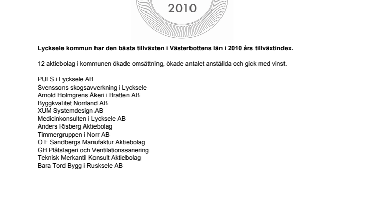 Företagen bakom Bästa Tillväxt 2010 i Lycksele kommun.