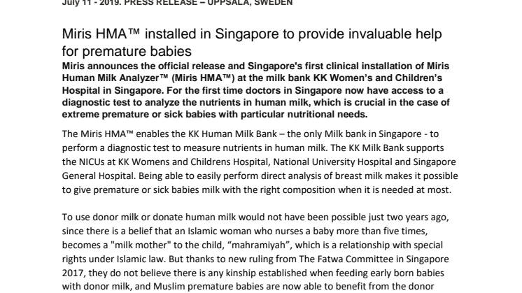 Miris HMA™ installed in Singapore to provide invaluable help for premature babies