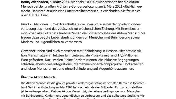 Wiesbaden: Glückspilz gewinnt 100.000 Euro bei der Frühjahrs-Sonderverlosung der Aktion Mensch