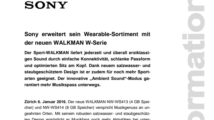 ​Sony erweitert sein Wearable-Sortiment mit der neuen WALKMAN W-Serie