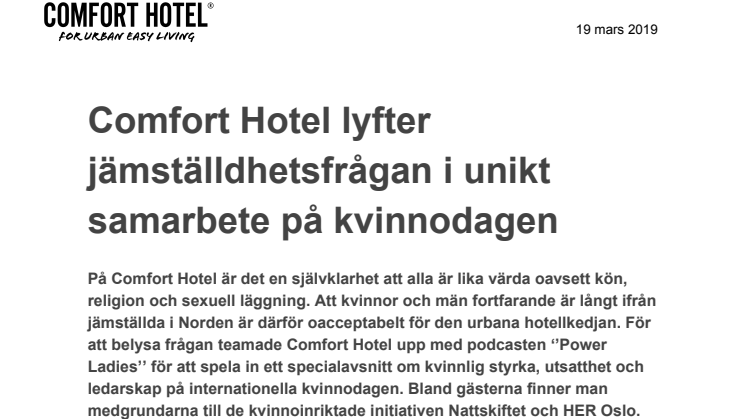 Comfort Hotel lyfter jämställdhetsfrågan i unikt samarbete på kvinnodagen