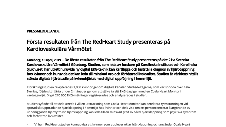 Första resultaten från The RedHeart Study presenteras på Kardiovaskulära Vårmötet