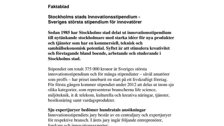 Faktablad Stockholms stads Innovationsstipendium