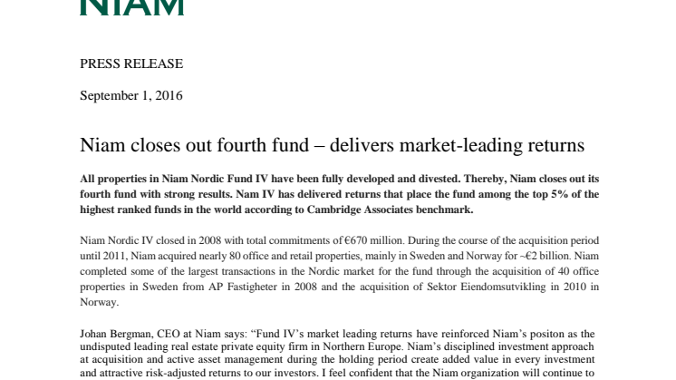 Niam closes out fourth fund – delivers market-leading returns 