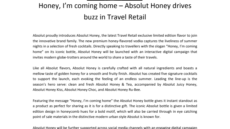 Honey, I’m coming home – Absolut Honey drives buzz in Travel Retail