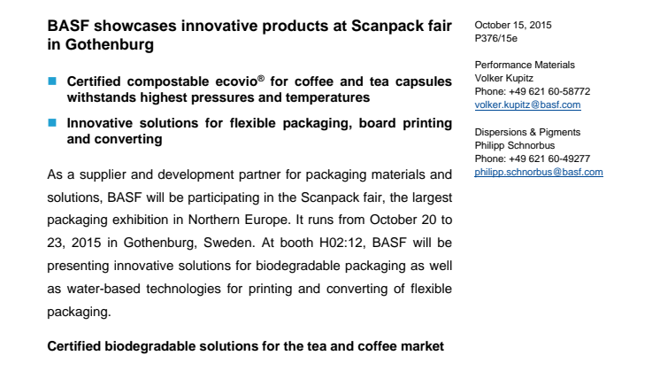 BASF presenterar hållbara förpackningslösningar på Scanpack 2015