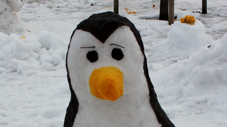 Fin pingvin skulpterad i snö vid Barnens Snöskulpturfestival. 