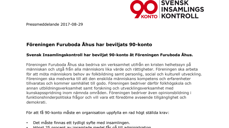 Föreningen Furuboda Åhus har beviljats 90-konto 