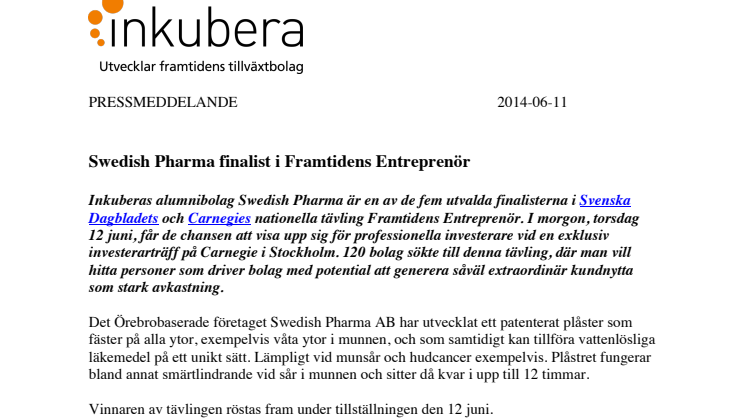 Swedish Pharma finalist i Framtidens Entreprenör