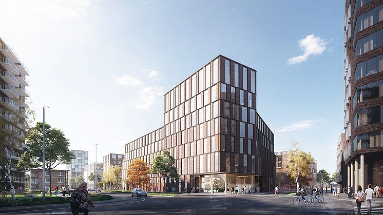 LINK arkitektur har designet et nyt kontorhus og parkeringshus til Lidl, der skal ligge i hjertet af Aarhus’ kreative bydel, Godsbanen. Illustration. LINK arkitektur / Brick Visual
