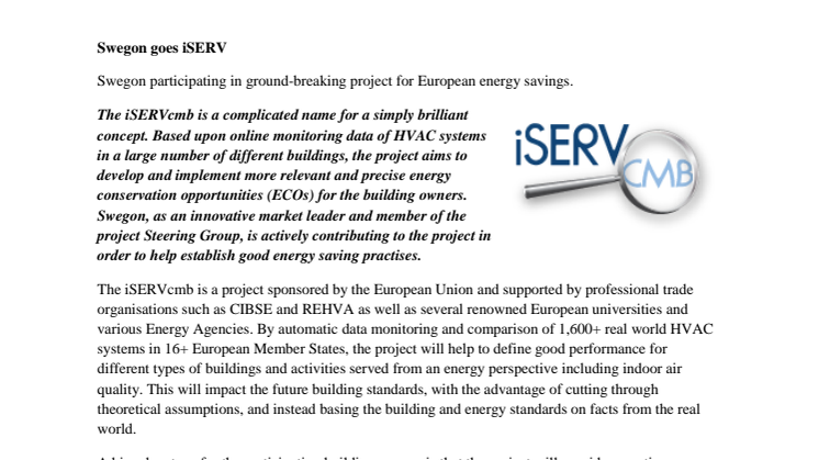 Swegon goes iSERV - Swegon participating in ground-breaking project for European energy savings