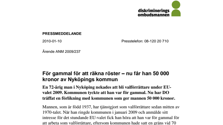 För gammal för att räkna röster – nu får han 50 000 kronor av Nyköpings kommun