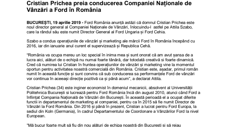 Cristian Prichea preia conducerea Companiei Naționale de Vânzări a Ford în România