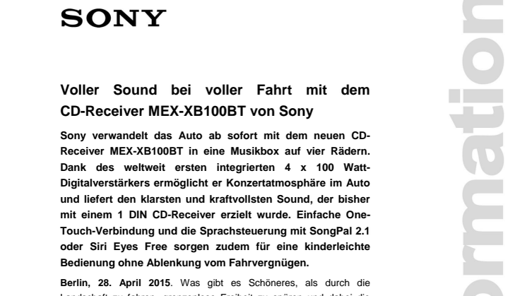 Voller Sound bei voller Fahrt mit dem  CD-Receiver MEX-XB100BT von Sony 