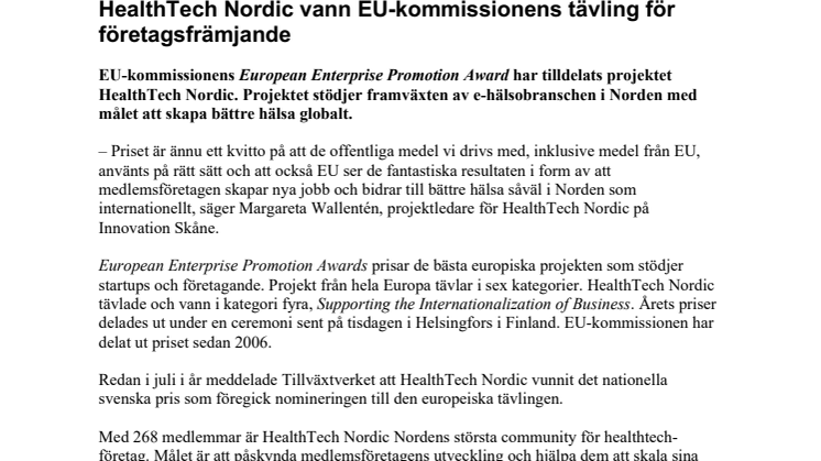 HealthTech Nordic vann EU-kommissionens tävling för företagsfrämjande