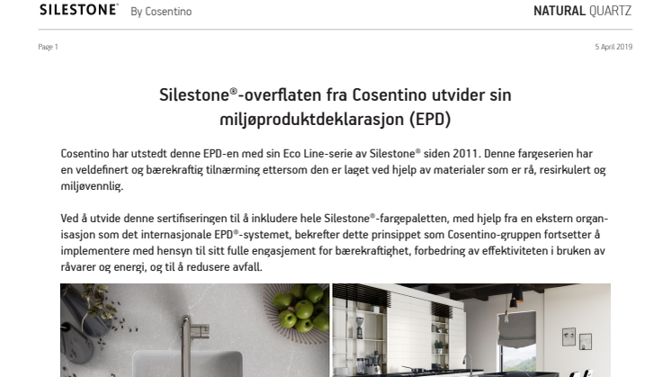 Silestone®-overflaten fra Cosentino utvider sin miljøproduktdeklarasjon (EPD)
