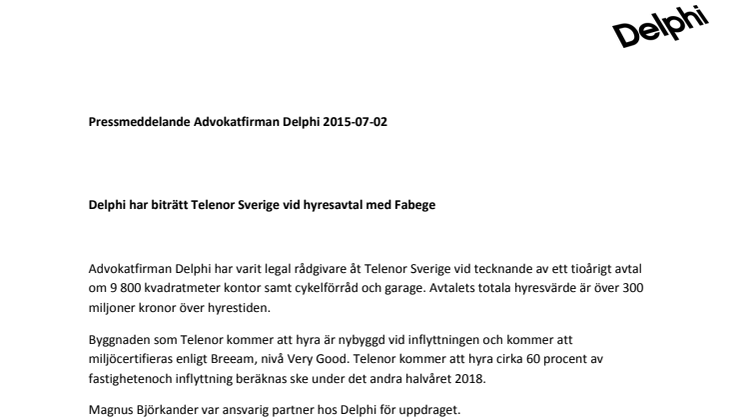 Delphi har biträtt Telenor Sverige vid hyresavtal med Fabege