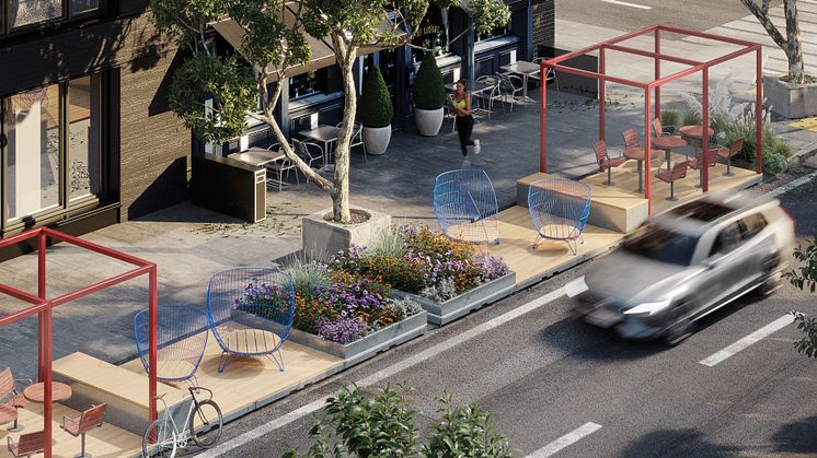 Exempelplacering och möblering av plattformen Parklet av Nola.