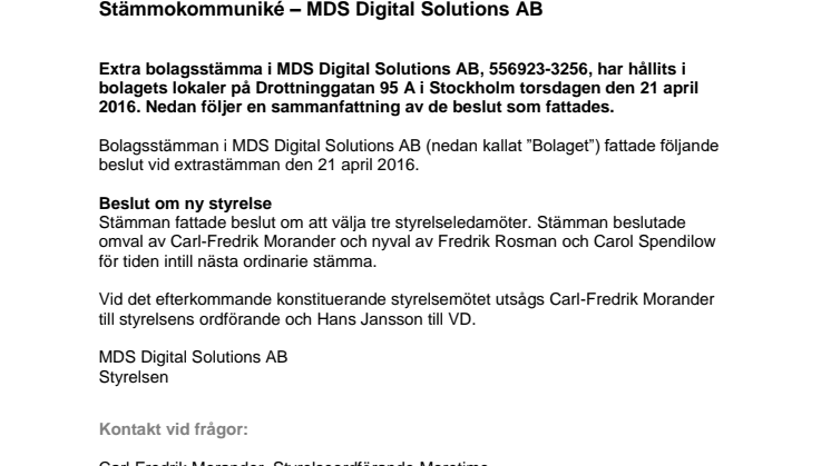 Stämmokommuniké - MDS Digital Solutions AB