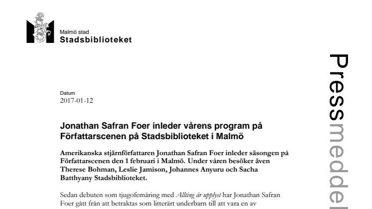 Jonathan Safran Foer inleder vårens program på Författarscenen på Stadsbiblioteket i Malmö