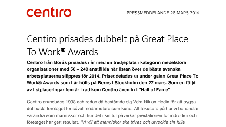 Centiro prisades dubbelt på Great Place To Work® Awards 2014