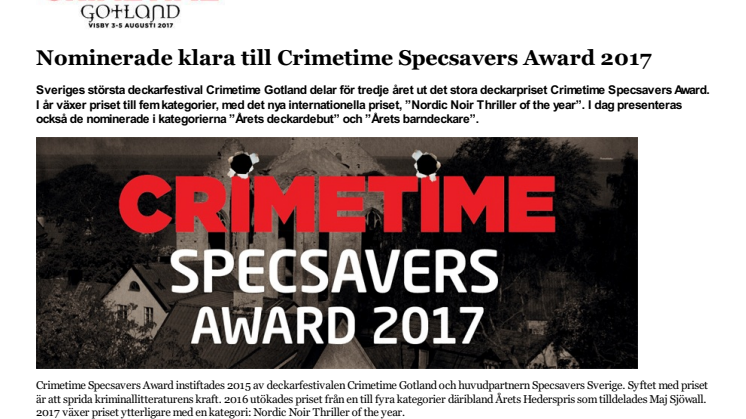 Nominerade klara till deckarpriset Crimetime Specsavers Award 2017