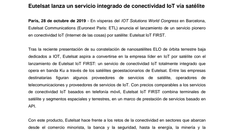 Eutelsat lanza un servicio integrado de conectividad IoT vía satélite