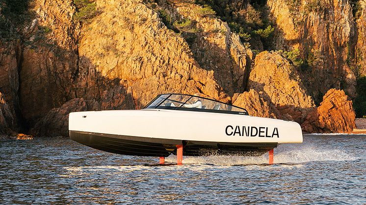 The Candela C-8 flies silently above the waves on computer-controlled hydrofoils.