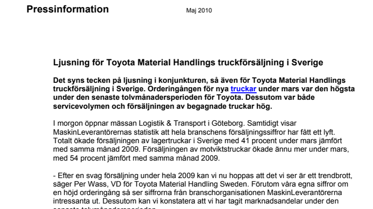 Ljusning för Toyota Material Handlings truckförsäljning i Sverige