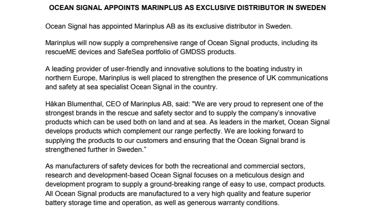 Ocean Signal:  Appoints Marinplus As Exclusive Distributor In Sweden   