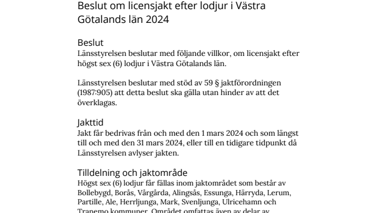 Beslut om licensjakt efter lodjur i Västra Götalands län 2024