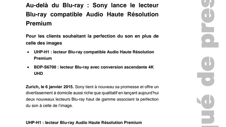 Au-delà du Blu-ray : Sony lance le lecteur Blu-ray compatible Audio Haute Résolution Premium 