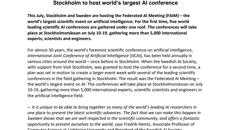 ​Stockholm to host world’s largest AI conference