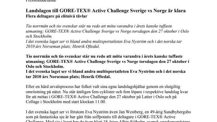 Landslagene til GORE-TEX® Active Challenge Sverige vs. Norge er klare - flere deltakere på elitenivå