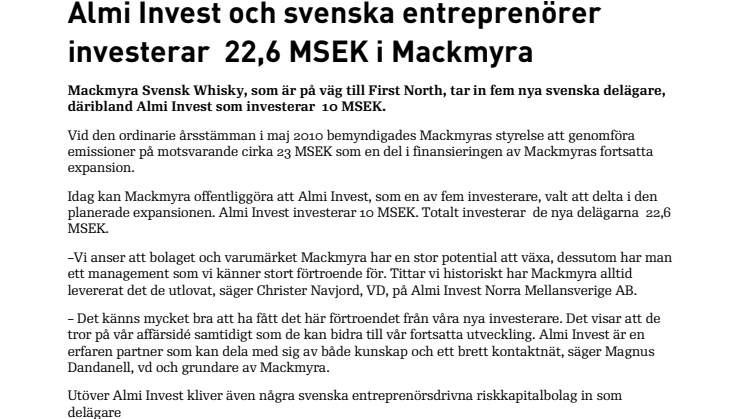 Almi Invest och svenska entreprenörer investerar  22,6 MSEK i Mackmyra 