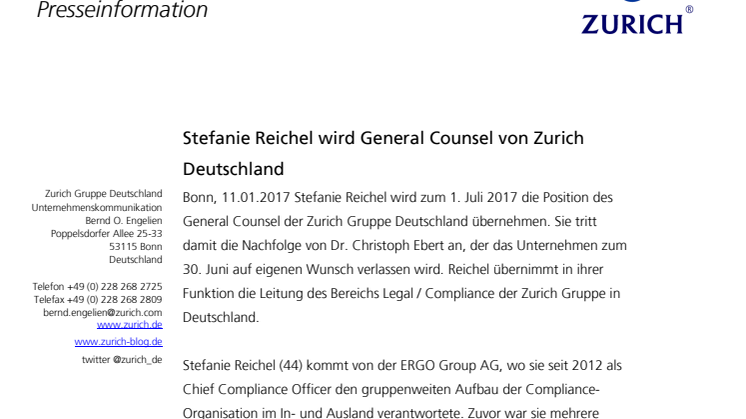 Stefanie Reichel wird General Counsel von Zurich Deutschland