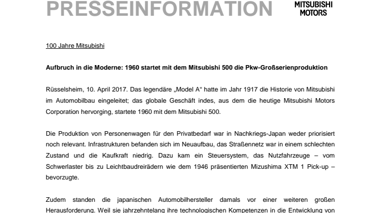 Aufbruch in die Moderne: 1960 startet mit dem Mitsubishi 500 die Pkw-Großserienproduktion