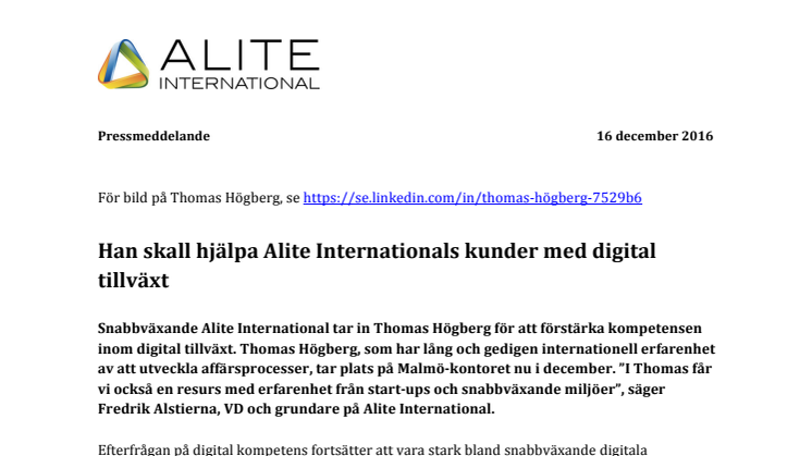 Han skall hjälpa Alite Internationals kunder med digital tillväxt