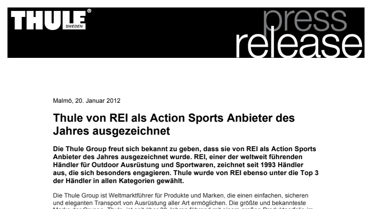 Thule von REI als Action Sports Anbieter des Jahres ausgezeichnet