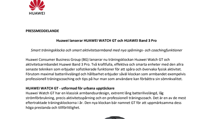 Huawei lanserar HUAWEI WATCH GT och HUAWEI Band 3 Pro 