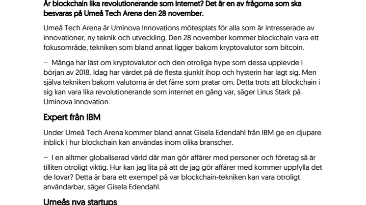 Umeå Tech Arena den 28 november ger sig på blockchain