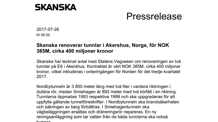 Skanska renoverar tunnlar i Akershus, Norge, för NOK 385M, cirka 400 miljoner kronor