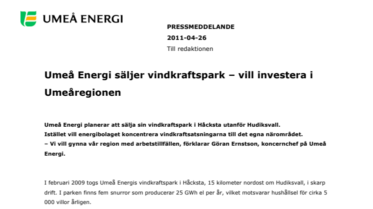 Umeå Energi säljer vindkraftspark – vill investera i Umeåregionen