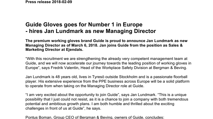 Guide Gloves goes for Number 1 in Europe - hires Jan Lundmark as new Managing Director