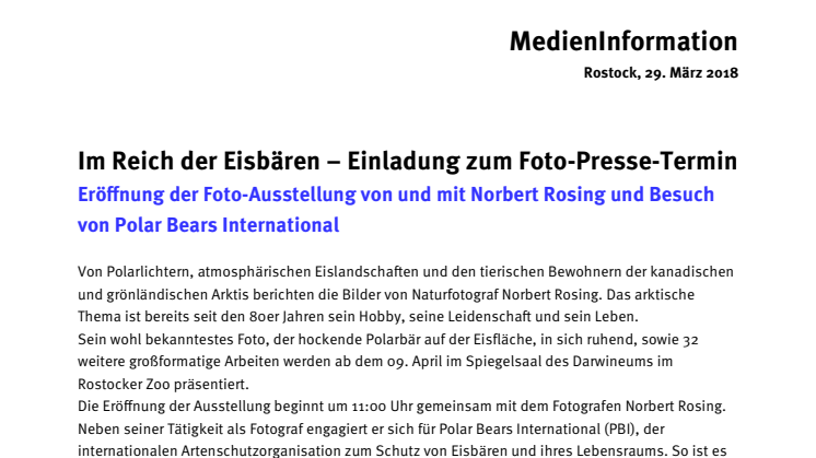 Im Reich der Eisbären – Eröffnung der Foto-Ausstellung von und mit Norbert Rosing – Einladung zum Foto-Presse-Termin