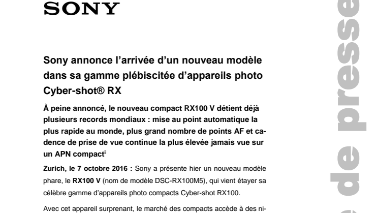 ​Sony annonce l’arrivée d’un nouveau modèle dans sa gamme plébiscitée d’appareils photo Cyber-shot® RX